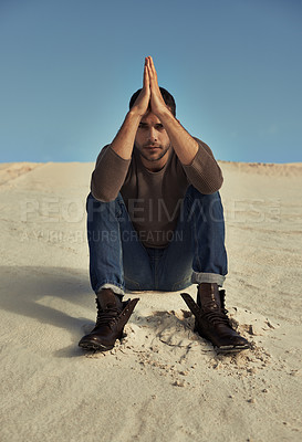 Buy stock photo Sand, relax or portrait of man in the desert for travel in summer on holiday vacation. Outdoor, male person or model on ground or dunes with trendy fashion, cool style or wellness in nature trip