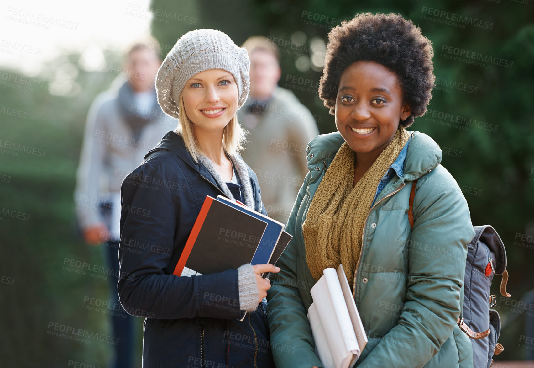 Buy stock photo Portrait, students and outdoor with friends, university and education with lunch break on campus. Face, people and girls with books and smile with sunshine and summer with studying and learning