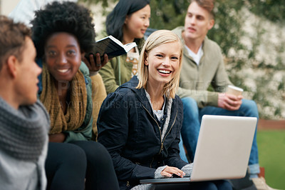 Buy stock photo Portrait, students and outside with laptop in conversation for happiness in university, reading and research for knowledge. College, diverse group and share, information and ideas together on campus