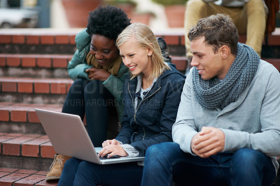 Buy stock photo University, students and laptop on stairs outdoor for research, relax or break on campus with social media. College, people and smile with technology for internet, streaming or learning and diversity