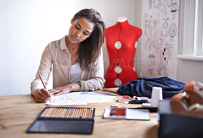 Buy stock photo Fashion designer, woman and sketch on paper with pencil in startup office of small business. Creative, person or tailor drawing at desk for textile project, planning or writing draft for clothes