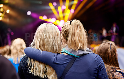 Buy stock photo Music, friends and party with women at festival for celebration, rave culture and performance. Carnival, summer and techno with audience at concert for laser light show, energy and dj event