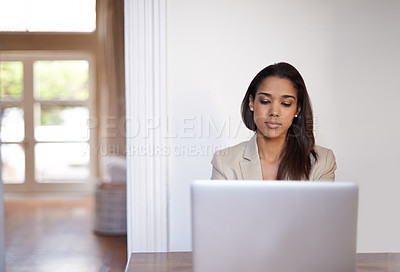 Buy stock photo Office, laptop and business woman typing email for networking, communication and administration. Professional, workplace and person working on computer for online proposal, research and website