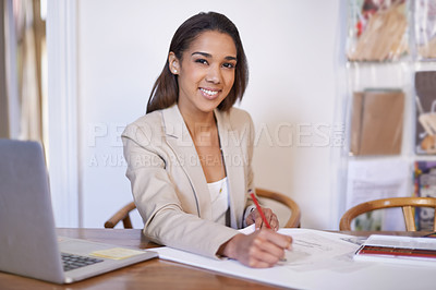 Buy stock photo Fashion designer, business and portrait of happy woman drawing on paper with pencil in startup office. Creative, person or face of tailor at desk, professional or employee working on sketch in Brazil