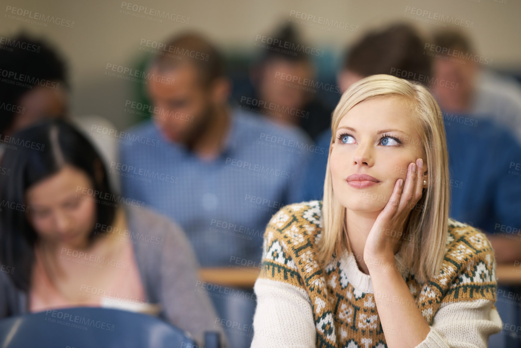 Buy stock photo Woman, student and thinking in university lecture hall to prepare, vision and study for exams. Idea, serious and focus on plan for determination, knowledge and information for assessment task