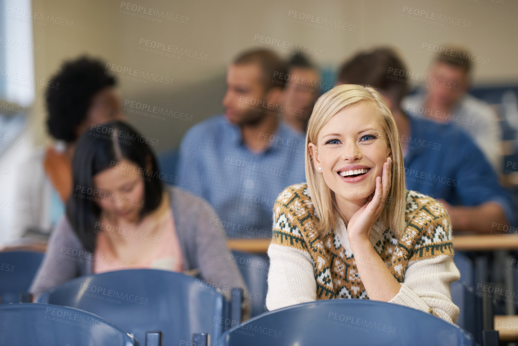 Buy stock photo Portrait, confident or happy woman in classroom for knowledge, school development or future. Scholarship, education or face of student with smile or pride for studying or learning in college campus