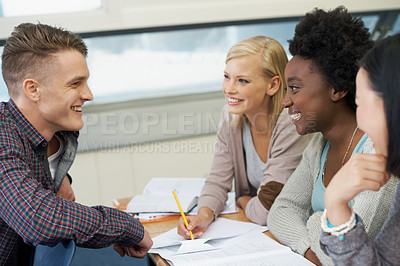 Buy stock photo Paperwork, students or friends in library speaking of education, knowledge or group in college project. Learning, university or people studying with teamwork in school meeting for research or books 