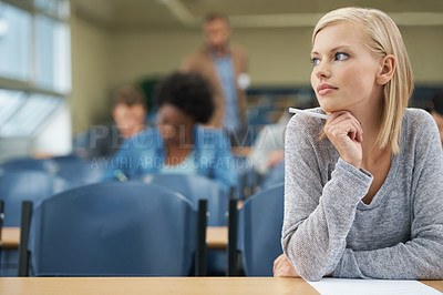 Buy stock photo College student, test or woman thinking in campus for learning, studying or knowledge in exam. Education, scholarship development or female person in class with vision, paper or dream for her future