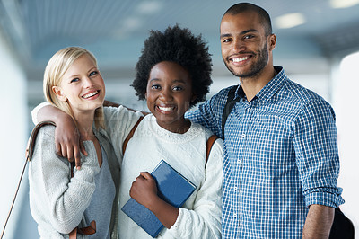Buy stock photo Portrait of smiling University students arm in arm