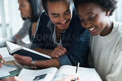 Buy stock photo Students, studying and book with people learning for education and university, research and information. Scholarship, problem solving and analysis of academic course work with diversity on campus