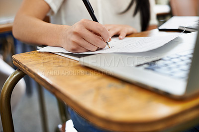 Buy stock photo Person, laptop and studying or writing for information, reading and connection for assignment in university. Student, scholarship or computer in college by desk, notes or online research for learning