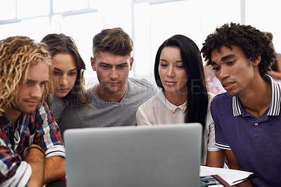 Buy stock photo Group, students and reading together on laptop in classroom, assignment and online project in university. Young people, school and collaboration in college by computer and blog for academic research