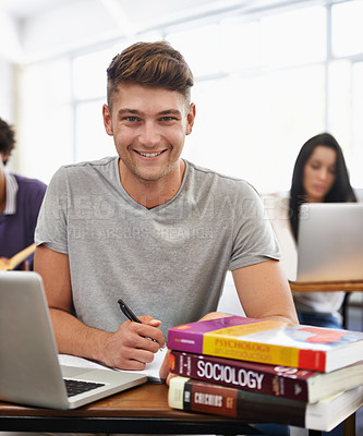 Buy stock photo University, laptop and portrait of man in classroom for learning, studying and knowledge. Education, academy and student with computer for research, internet and online website on college campus