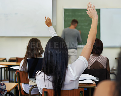 Buy stock photo Students, question and hands up to lecturer in classroom, lesson and subject quiz in university. People, diversity and college for learning or education, teaching and answer of knowledge on campus