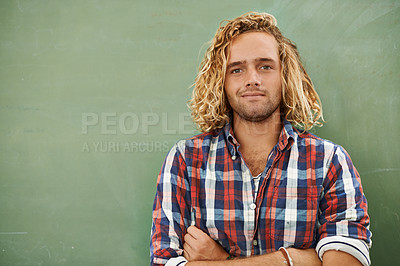 Buy stock photo Man, teacher and blackboard in portrait, university and planning curriculum or knowledge in class. Male person, professor and confidence for information at school, educator and training at college