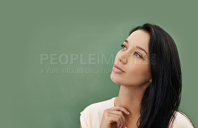 Buy stock photo Woman, teacher and thinking by blackboard, education and planning curriculum or knowledge in class. Female person, professor and contemplating information for school, educator and training at college