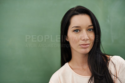 Buy stock photo Woman, teacher and blackboard in portrait, university and planning curriculum or knowledge in class. Female person, professor and confident for information at school, educator and training at college