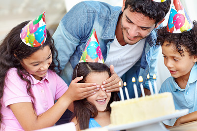 Buy stock photo Birthday party surprise, cake and happy family, children and  celebrate special event with friends, kids and dessert food. Celebration, father and excited group smile for youth growth of young child
