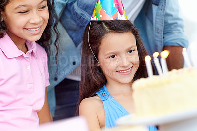 Buy stock photo Birthday cake, kids party celebration and happy children, friends or people celebrate childhood memory event. Congratulations, happiness and excited child smile for dessert, sweets or food