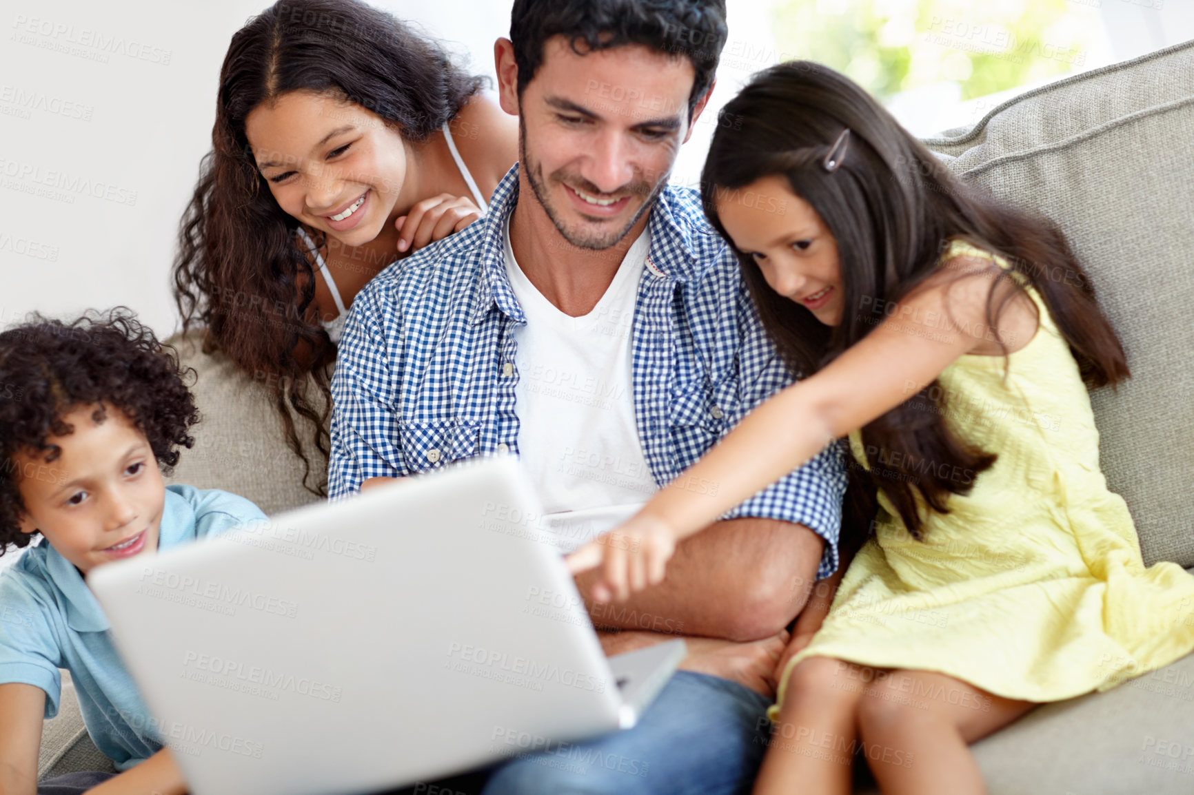 Buy stock photo Laptop, pointing and happy family father, children or people gesture at online website, social network video or meme. Smile, love and group of kids with papa streaming home subscription movie