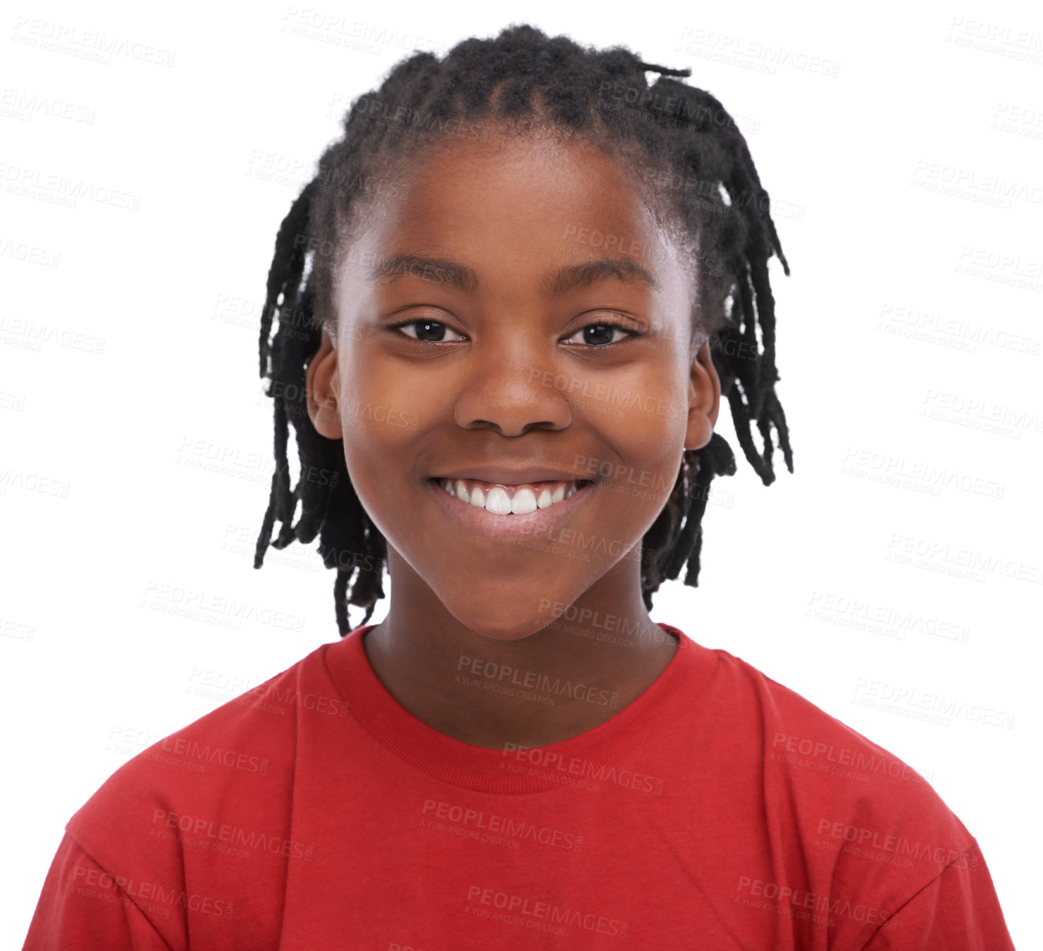 Buy stock photo Portrait, youth and smile with boy black child in studio isolated on white background for growth or development. Face, children and happy, cool or confident african kid in red for childhood progress