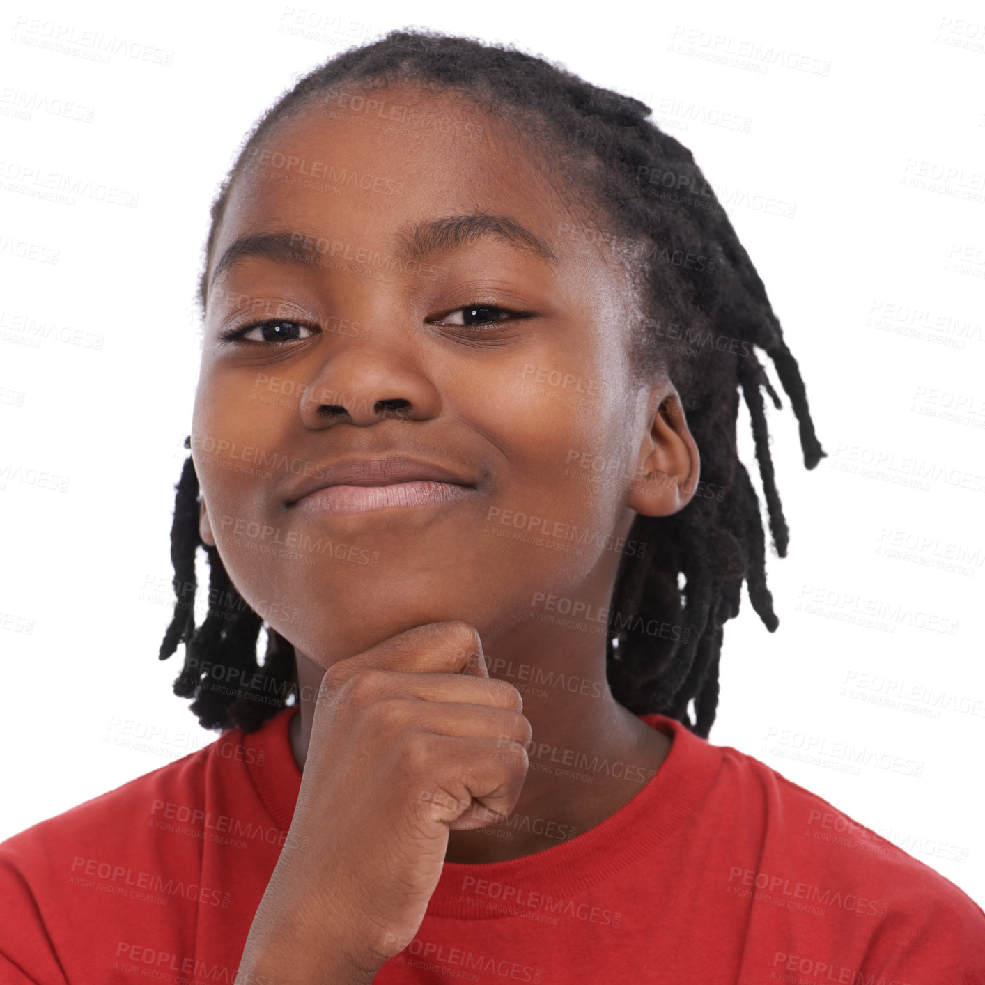 Buy stock photo Portrait, youth and attitude with boy black child in studio isolated on white background for growth or development. Face, smile and happy, cool or confident african kid in idea for childhood progress