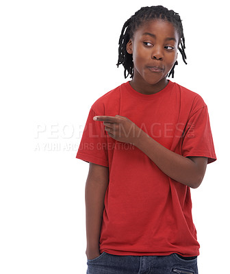 Buy stock photo Black kid, studio and point for promotion, smile and excited at mockup for sales. African child, white background and gesture at open space, advertise and confidence for idea and marketing thought