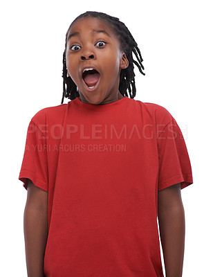 Buy stock photo Child, surprise and portrait with shock from sale announcement with kid comedy in a studio. Young, deal and excited African male boy with casual fashion style with wow, happy and white background