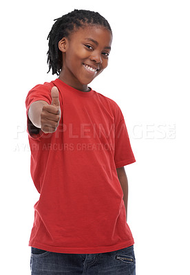 Buy stock photo Boy, child and portrait with smile and thumbs up for yes or feedback, review and OK on white background. Support, vote and happy, hand gesture or like emoji in studio with thanks you or praise