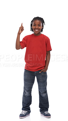 Buy stock photo Pointing, portrait or happy child in studio for offer, discount deal or sale on mockup space or logo advertising. Show, announcement or African boy with smile, news or kids promo on white background 