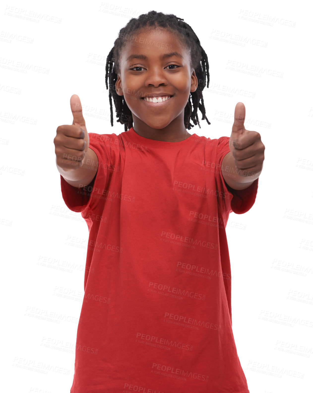 Buy stock photo African child, boy and thumbs up in portrait, agreement vote or hand gesture for like on white background. Smile, review or happy male kid with okay, thank you or good feedback for support in studio