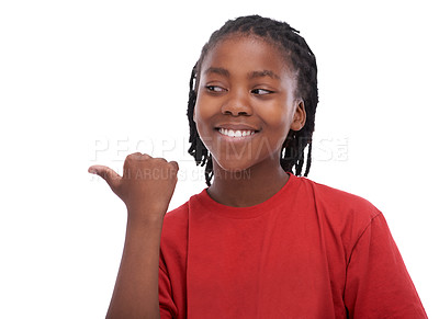 Buy stock photo African child, studio and smile for promotion, show and point at mockup advertisement. Black kid, white background and gesture at open space, sale and confidence for idea and thought for marketing 