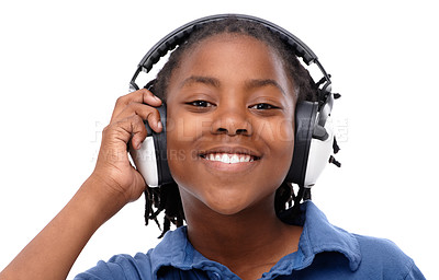 Buy stock photo Smile, face and boy child with headphones for music, entertainment and technology with streaming online. Happy African kid, listening to radio playlist and audio in portrait on white background