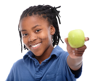 Buy stock photo Boy, child and apple for health and nutrition diet food and smile in portrait with wellness on white background. African kid with green fruit, show or offer for organic produce and happy in studio