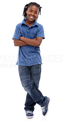 Buy stock photo An African-American boy standing with his arms folded