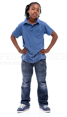 Buy stock photo Child, bored and portrait with problem and moody with cool clothing in a studio. Youth, annoyed and unhappy African male boy with casual fashion and clothes with attitude and white background