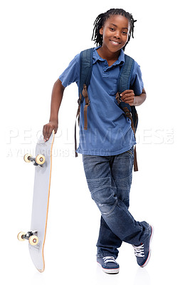 Buy stock photo Portrait, skateboard and smile with african boy in studio isolated on white background for sports or leisure. Kids, happy or training and confident young skater kid with board for fun or recreation