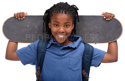 Buy stock photo Portrait, smile and african boy skater in studio isolated on white background for sports or leisure. Kids, happy or training and face of confident young kid with board for skating or recreation