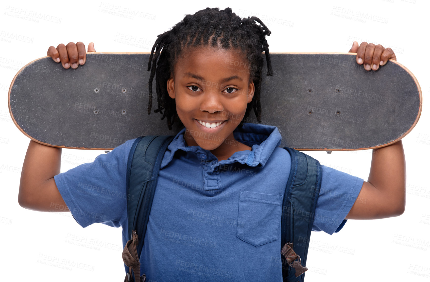 Buy stock photo Portrait, smile and african boy skater in studio isolated on white background for sports or leisure. Kids, happy or training and face of confident young kid with board for skating or recreation