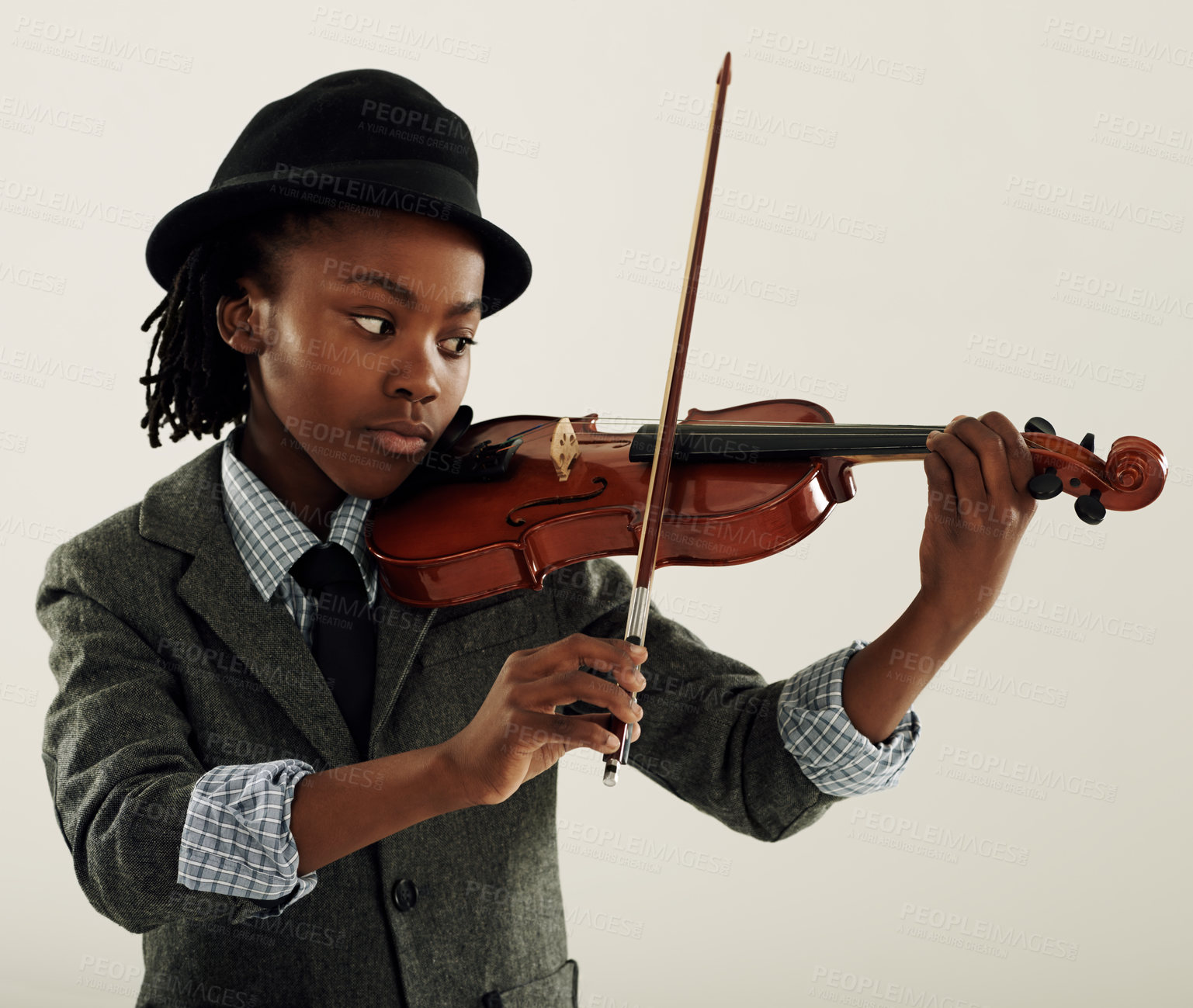 Buy stock photo Children, music and african kid with violin in studio for creative, learning or hobby on white background. Instrument, playing and face of child violinist student with musical lesson for school play