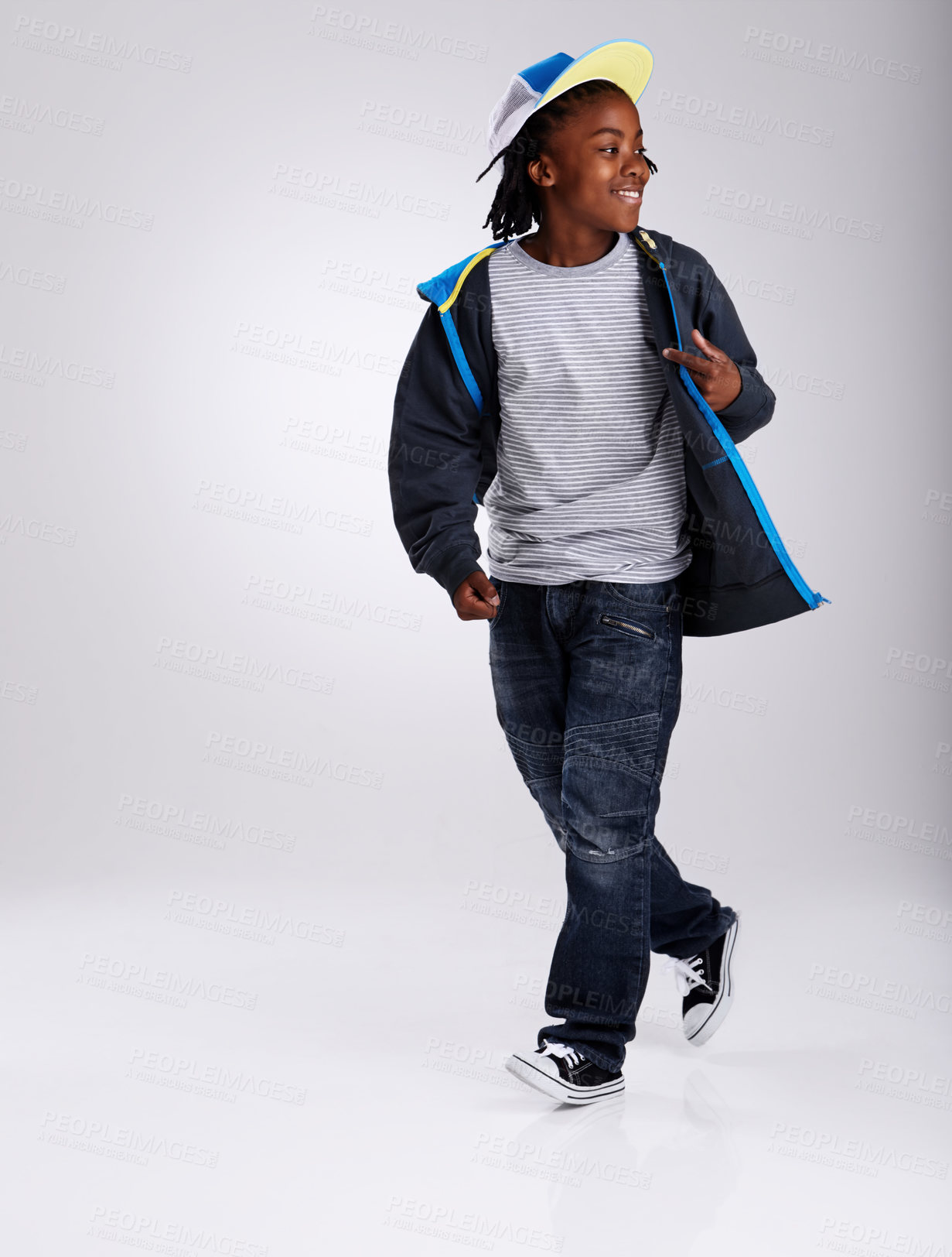 Buy stock photo African boy, talent and dancing for fashion in studio for hiphop in backdrop of white background. Child, funky and  happiness with smile of youth for kids clothes and mockup space with stylish person