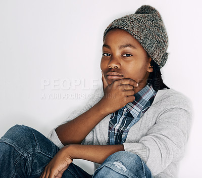 Buy stock photo Boy, fashion and portrait with gen z, trendy and cool style with a hat in a studio. Child, accessory and African male kid from Chicago with confidence and modern youth outfit with white background