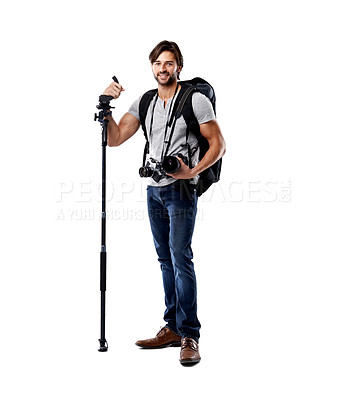 Buy stock photo Photographer, backpack and smile with camera in studio for career, behind the scenes and equipment. Photography, person and happy with lighting, confidence and shooting gear for photoshoot or passion