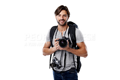 Buy stock photo Photographer, portrait and backpack with camera in studio for career, behind the scenes and happy. Photography, person or smile with equipment, mockup space or shooting gear for photoshoot or passion