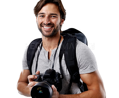 Buy stock photo A handsome photographer smiling at the camera