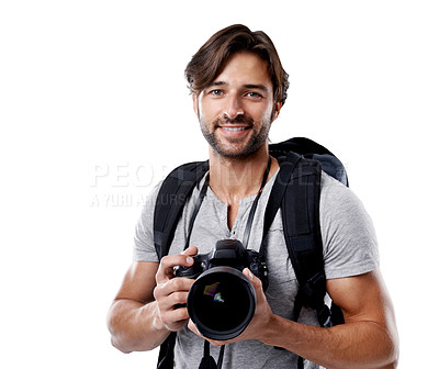 Buy stock photo Photographer, portrait and happy with camera in studio for career, behind the scenes or backpack. Photography, person or smile with equipment, mockup space or shooting gear for photoshoot or creative