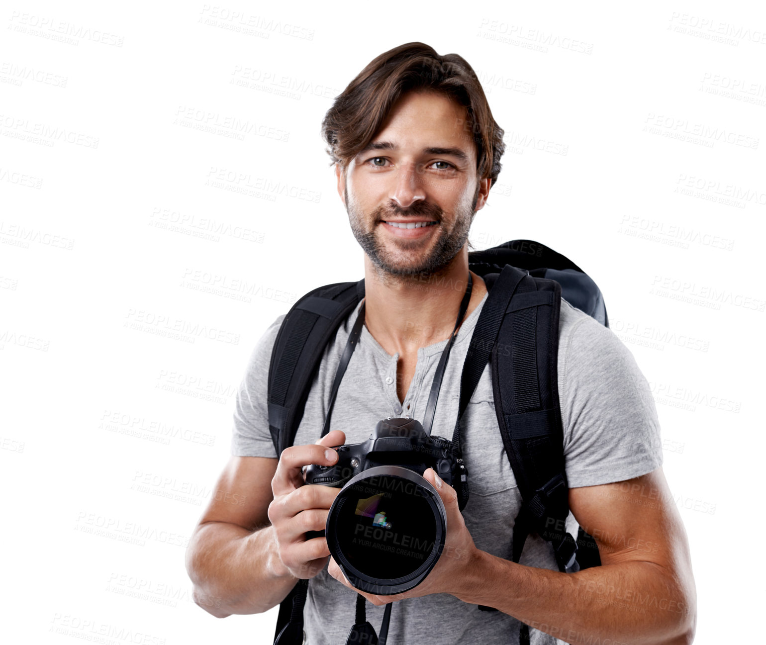 Buy stock photo Photographer, portrait and happy with camera in studio for career, behind the scenes or backpack. Photography, person or smile with equipment, mockup space or shooting gear for photoshoot or creative