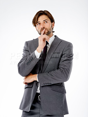 Buy stock photo Businessman, thinking and fashion with decision, choice or idea on a white studio background. Thoughtful man or employee in suit, wonder or solution for query, plan or question in doubt on mockup