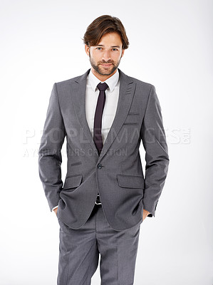 Buy stock photo Businessman, portrait and fashion with style for career ambition or opportunity on a white studio background. Handsome or attractive man, employee or professional in confidence or suit for business