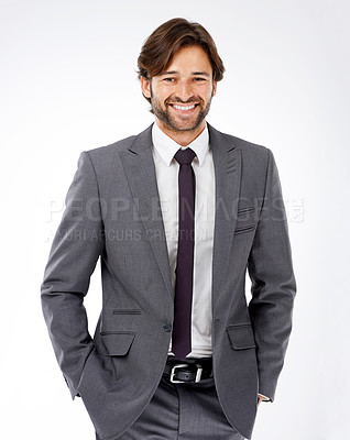 Buy stock photo Happy businessman, portrait and fashion with style for career ambition or opportunity on a white studio background. Face of handsome man, employee or professional in confidence or suit for business